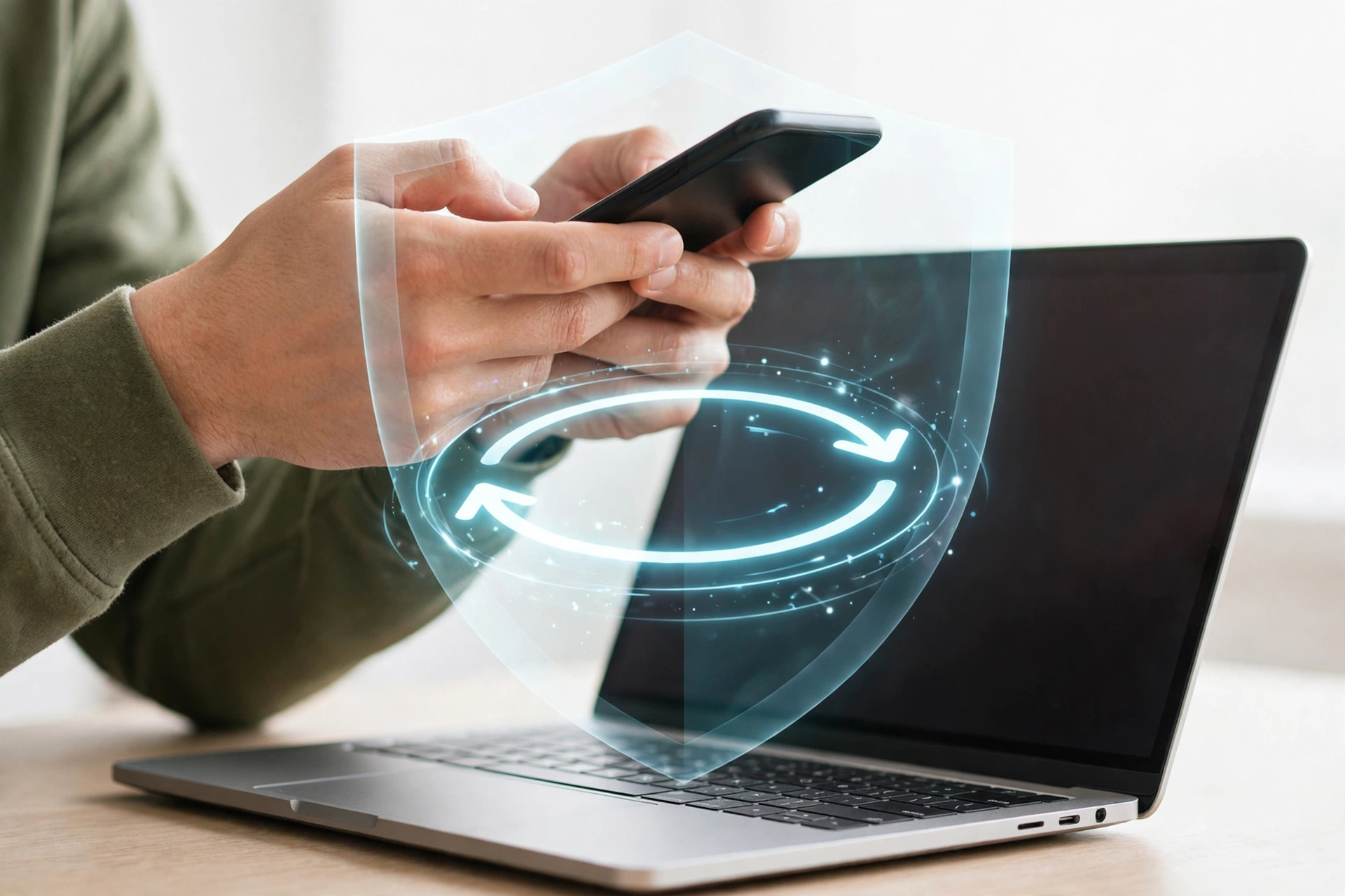 Hands holding a smartphone with a security shield and sync arrows representing safe data synchronization