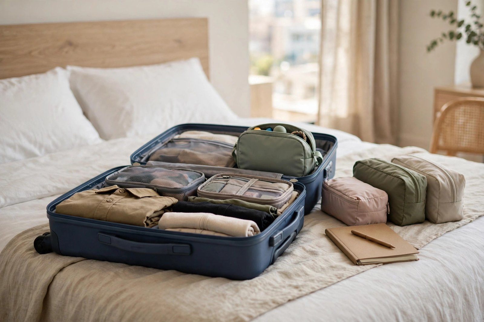 Neatly packed suitcase with packing cubes and a travel checklist on a hotel bed