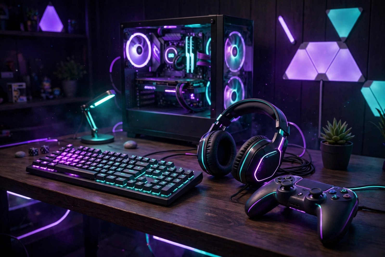 Gaming setup with monitor, keyboard and headset in dramatic lighting