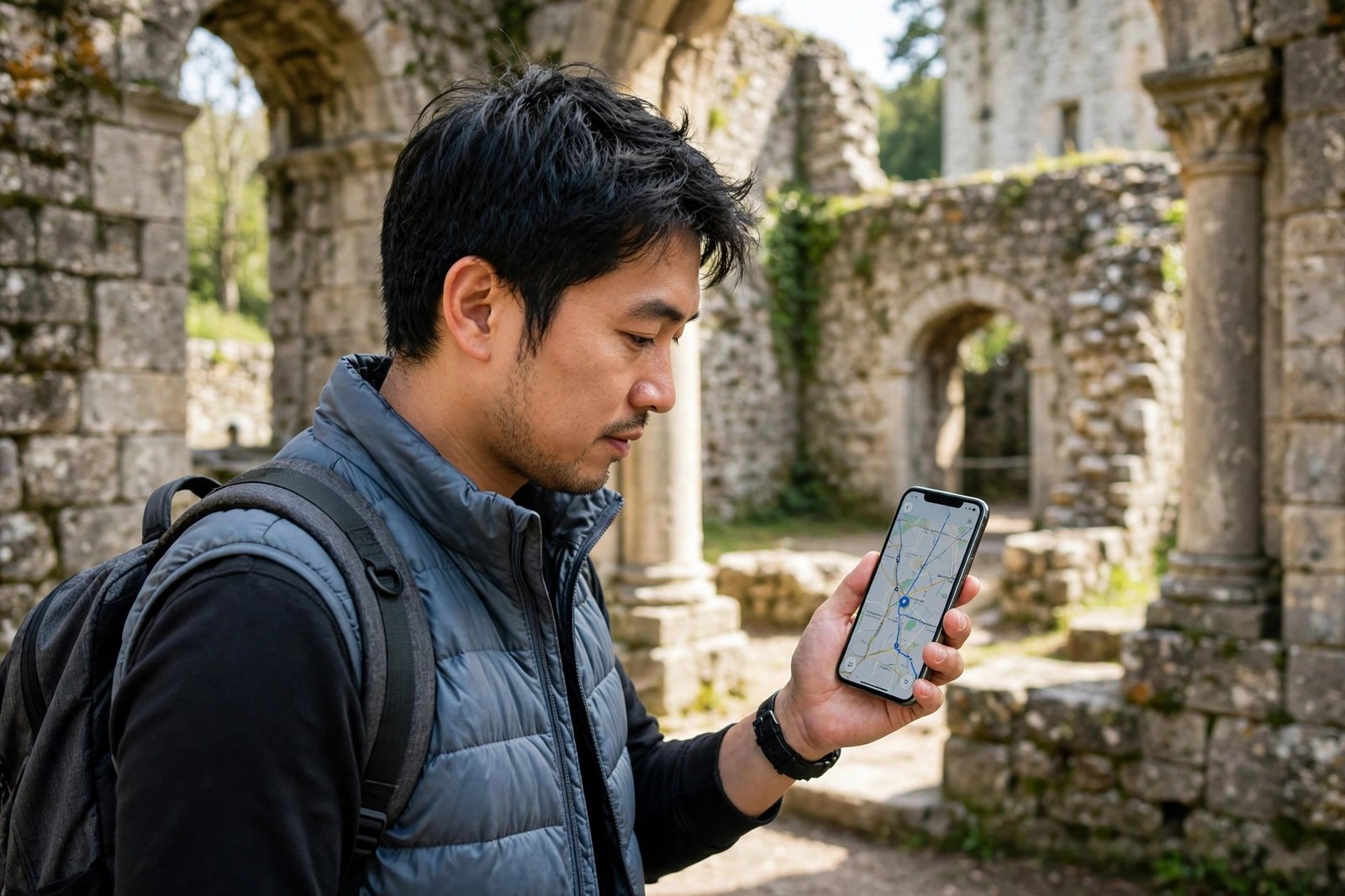 A person exploring a historic landmark while checking a map on a phone