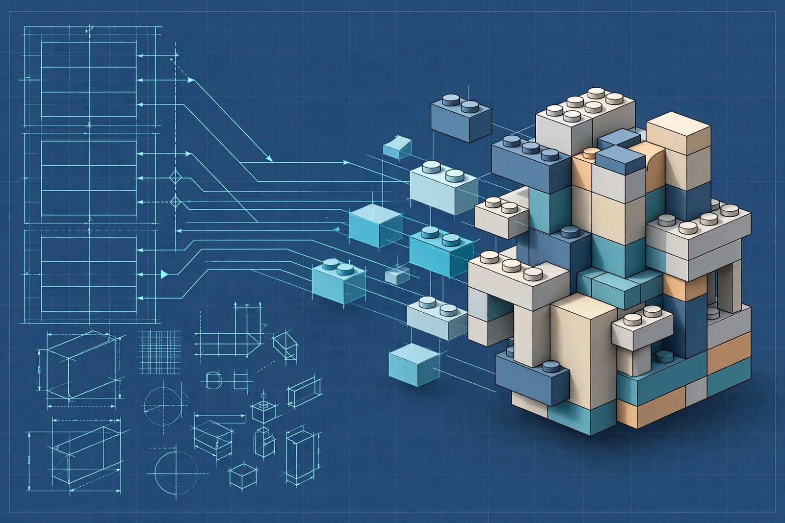 A blueprint transforming into a finished three-dimensional object, illustrating how a Java class becomes an object