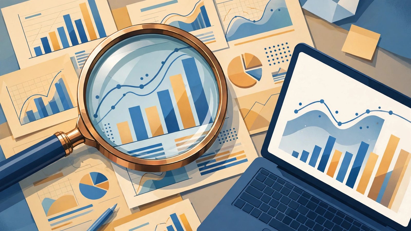 Magnifying glass examining financial documents and charts, representing how to vet finance websites