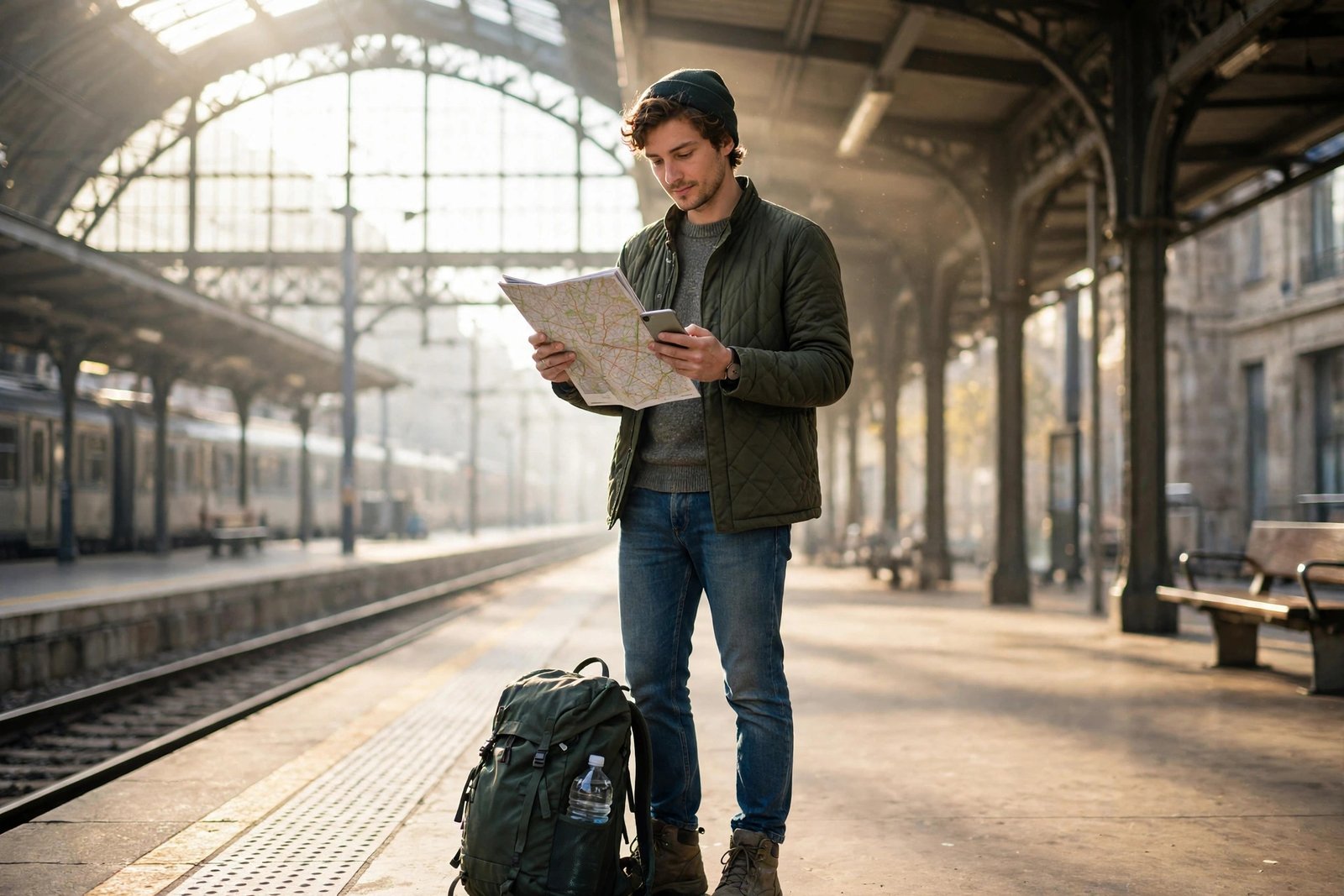 Traveler checking a map and smartphone at a train station platform