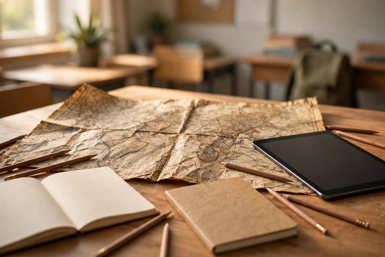 Travel planning with an old paper map beside a modern tablet device