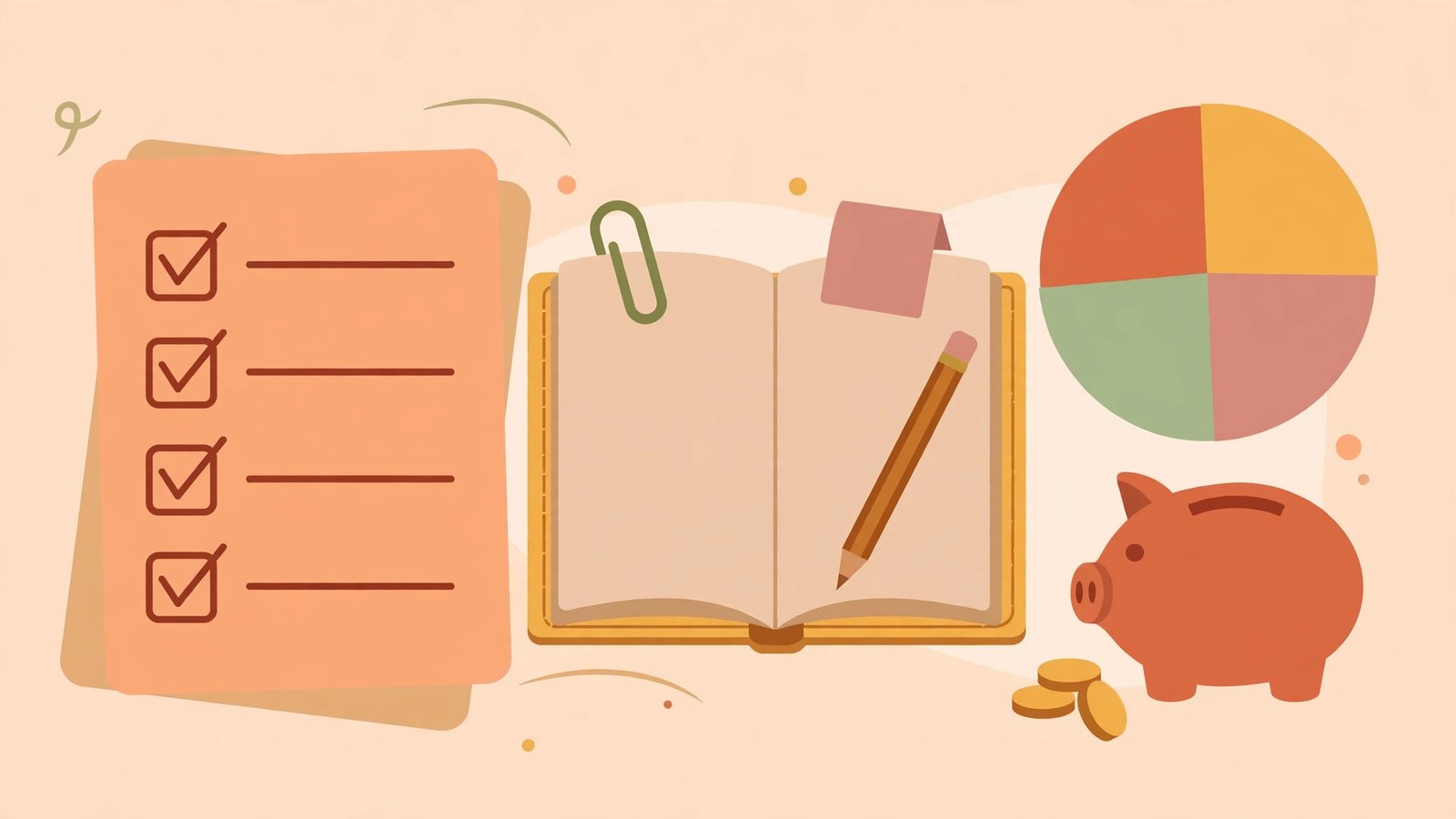 Weekly finance checklist with budget notebook, pie chart and piggy bank