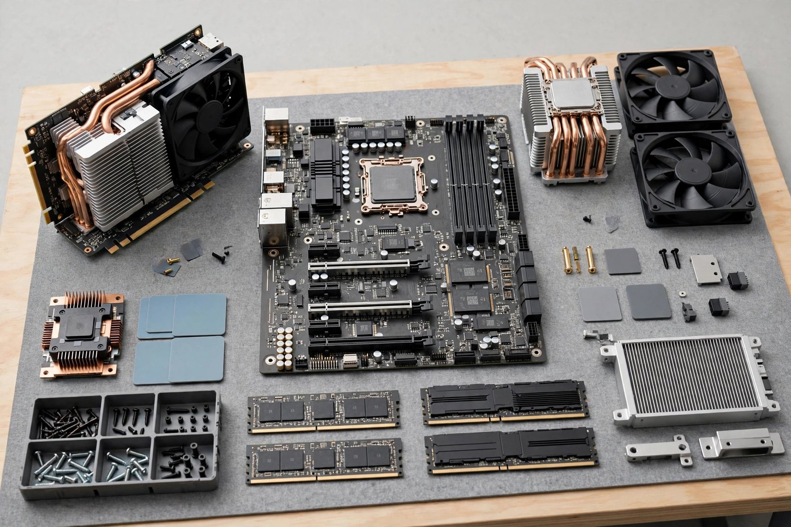 Modular computer hardware components laid out on a workbench, including a graphics module, motherboard and cooling parts