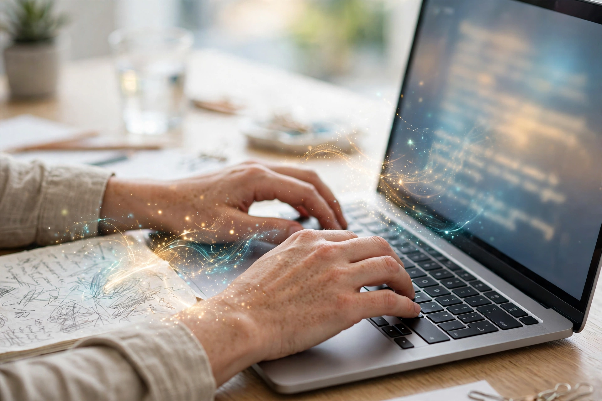 Writer using an AI writing assistant to polish a draft on a laptop