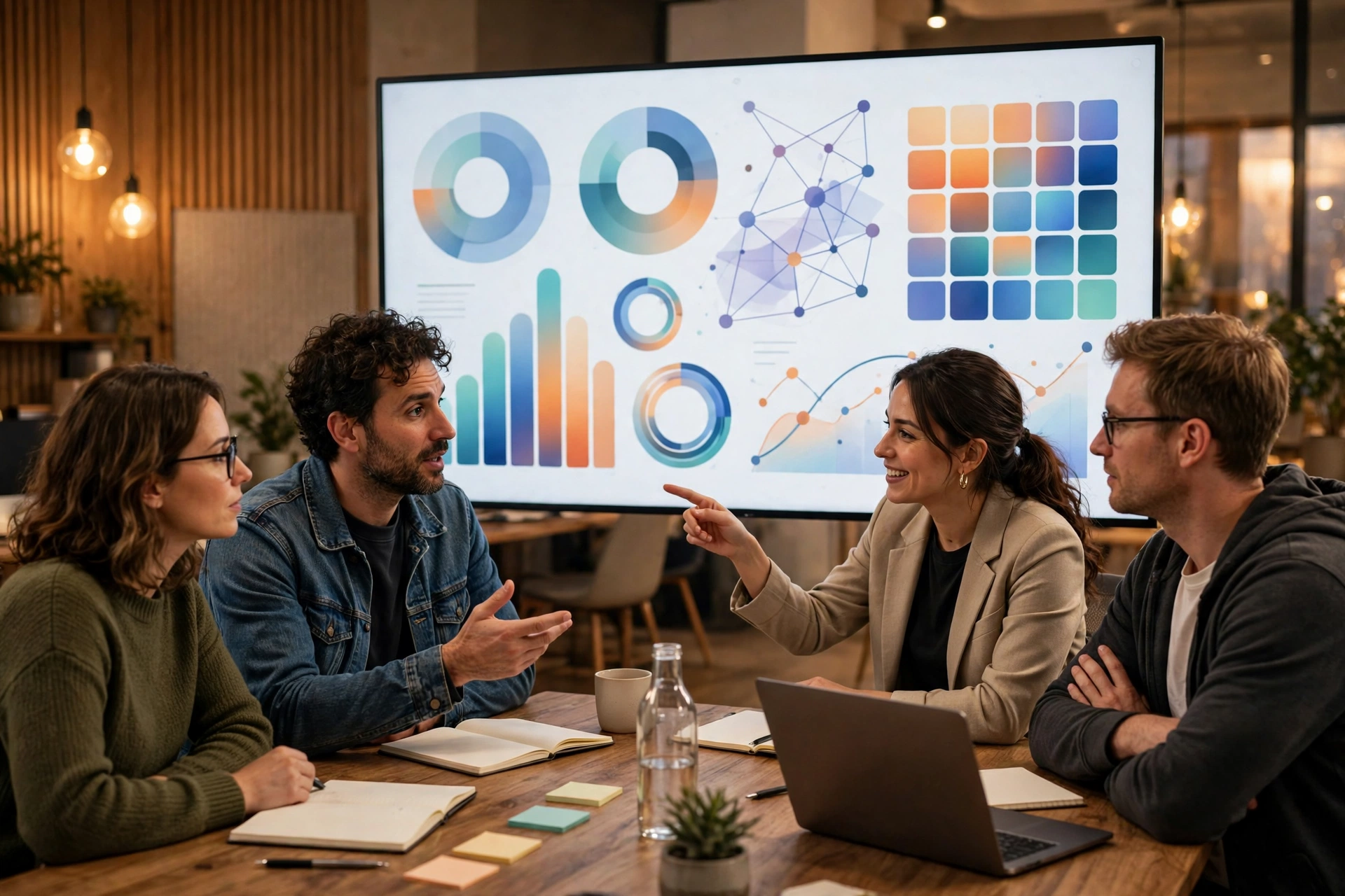 Content team reviewing AI-generated content on a large dashboard screen