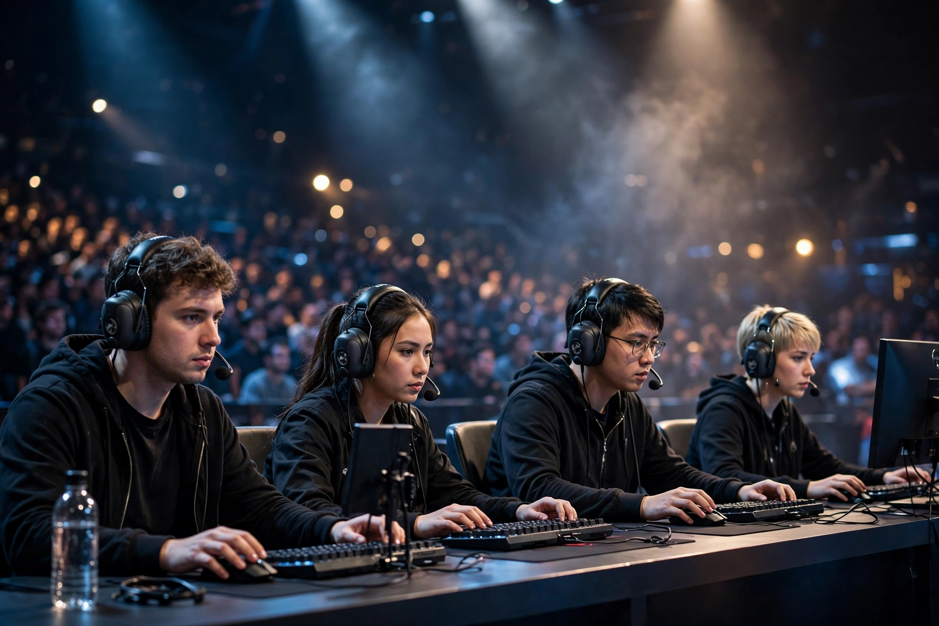 Gamers wearing headsets competing on a brightly lit tournament stage with a blurred audience behind them