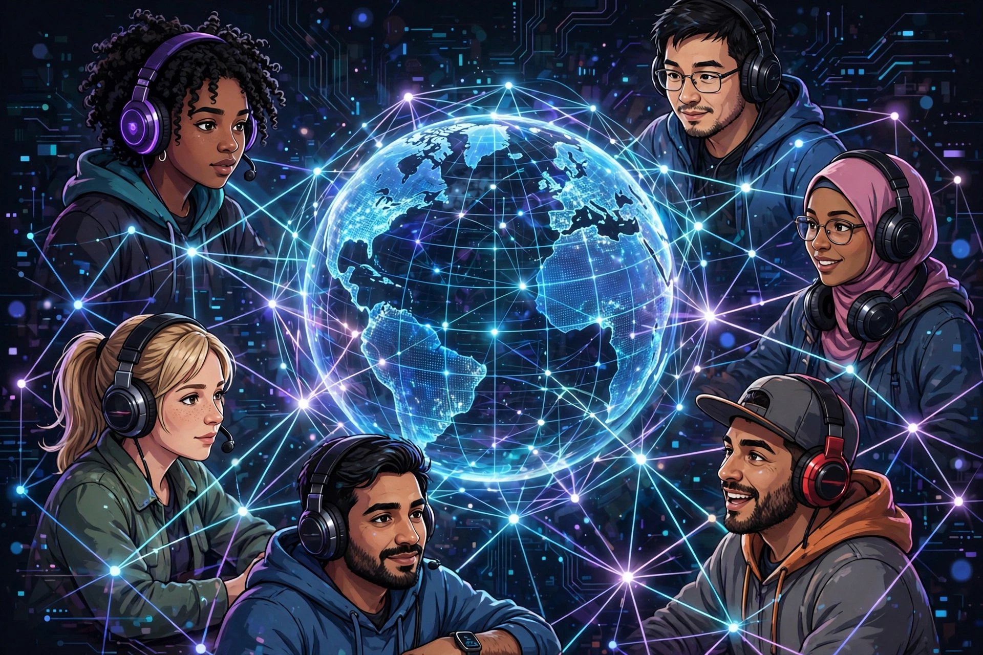 Digital illustration of diverse gamers connected by glowing network lines around a glowing globe