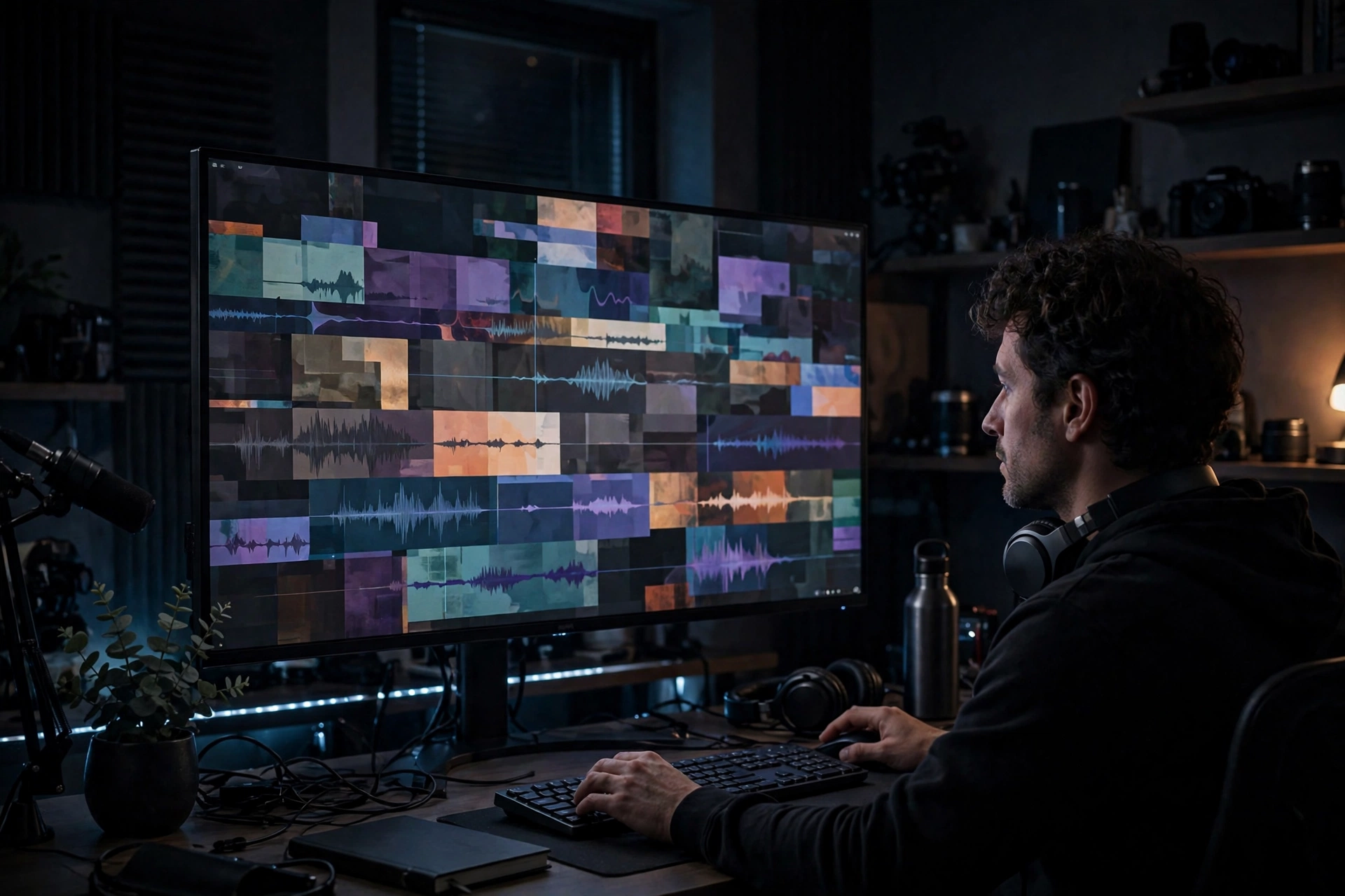 Person editing video on a large monitor showing an abstract timeline interface in a home studio