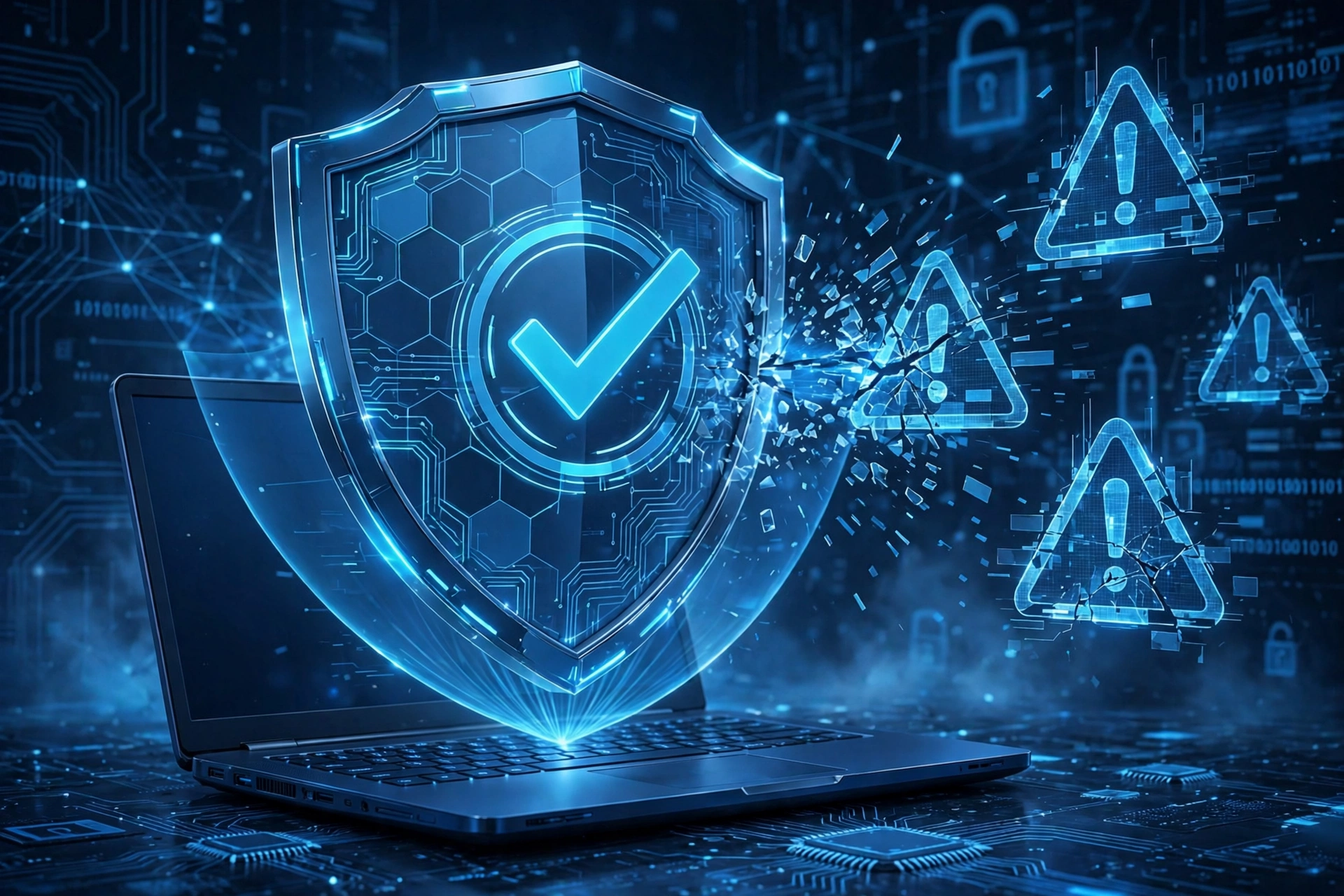 Digital safety concept showing a shield with a checkmark protecting a laptop from warning triangles