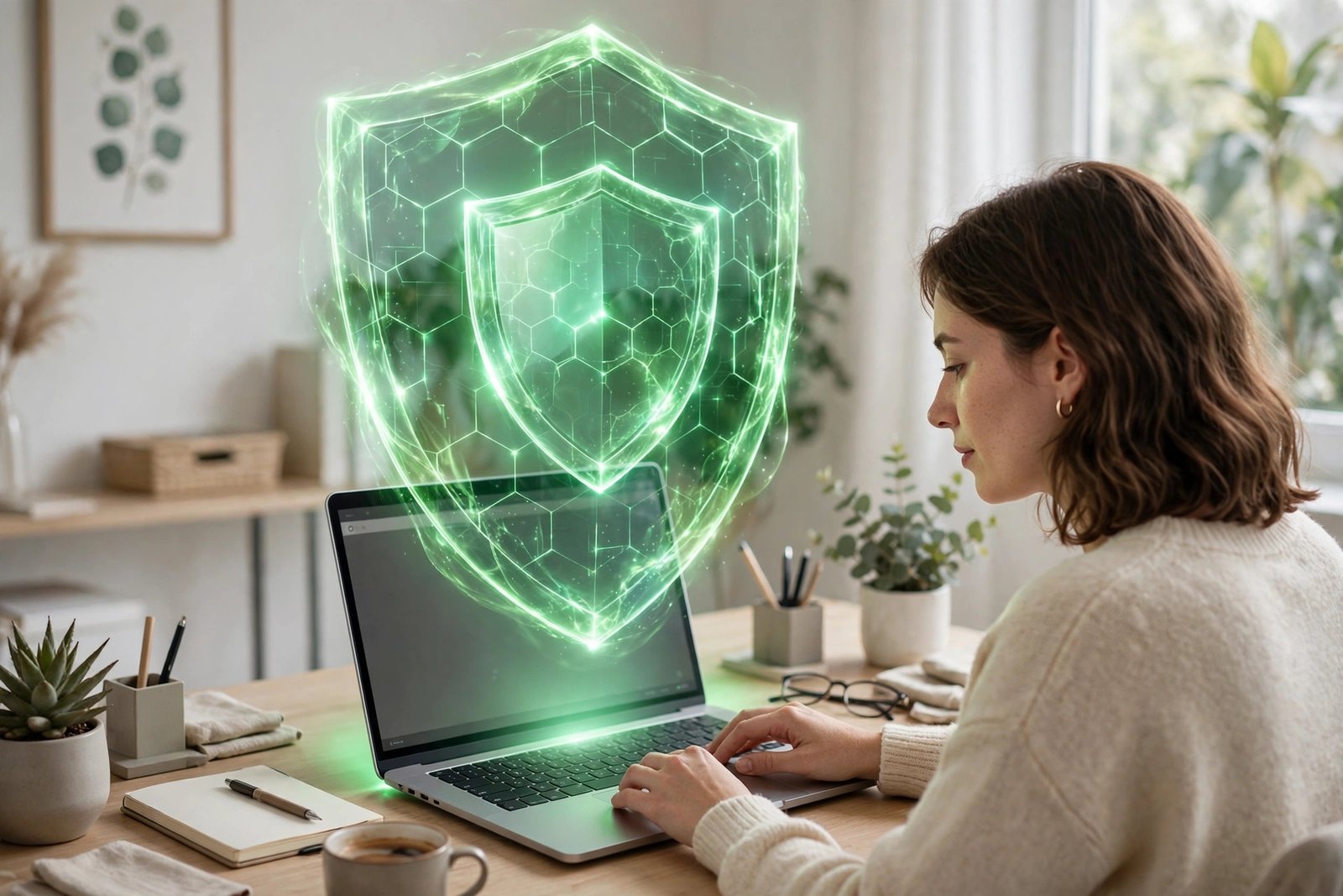 Person safely using a laptop protected by a security shield