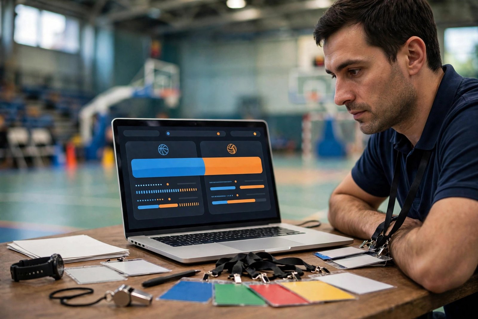 Tournament organizer checking a live scoreboard on a laptop