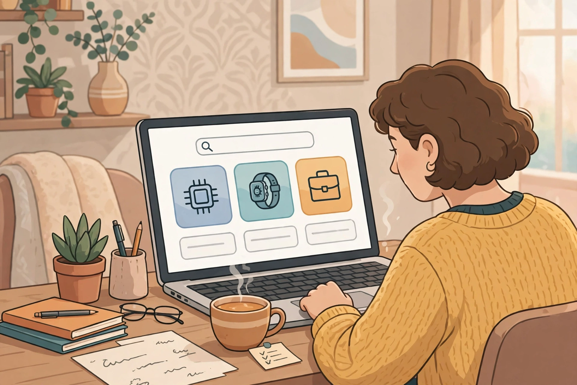 Person browsing a tech news website with category tiles for technology and wearables