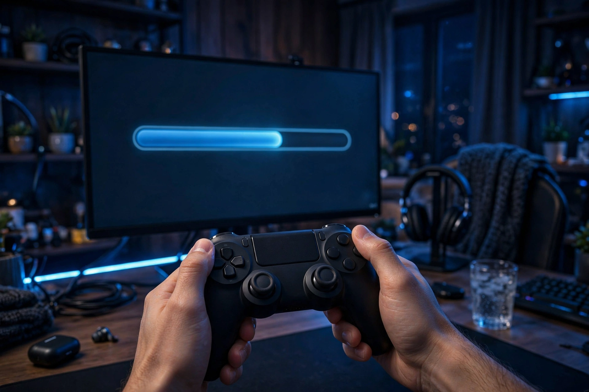 Gamer holding a controller while a game update downloads on screen — gaming tech Befitnatic guide