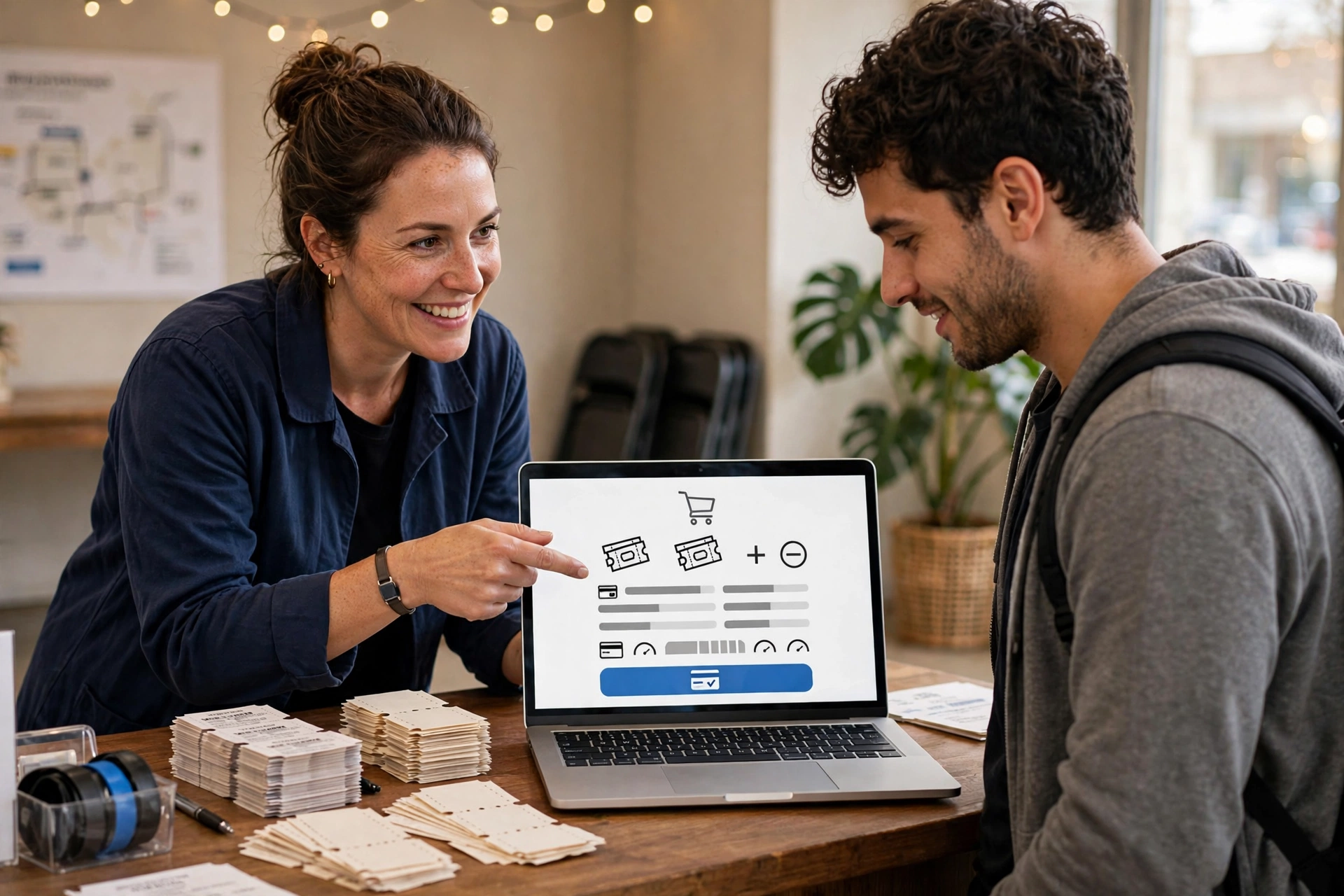 Event ticketing desk with laptop checkout and attendee help