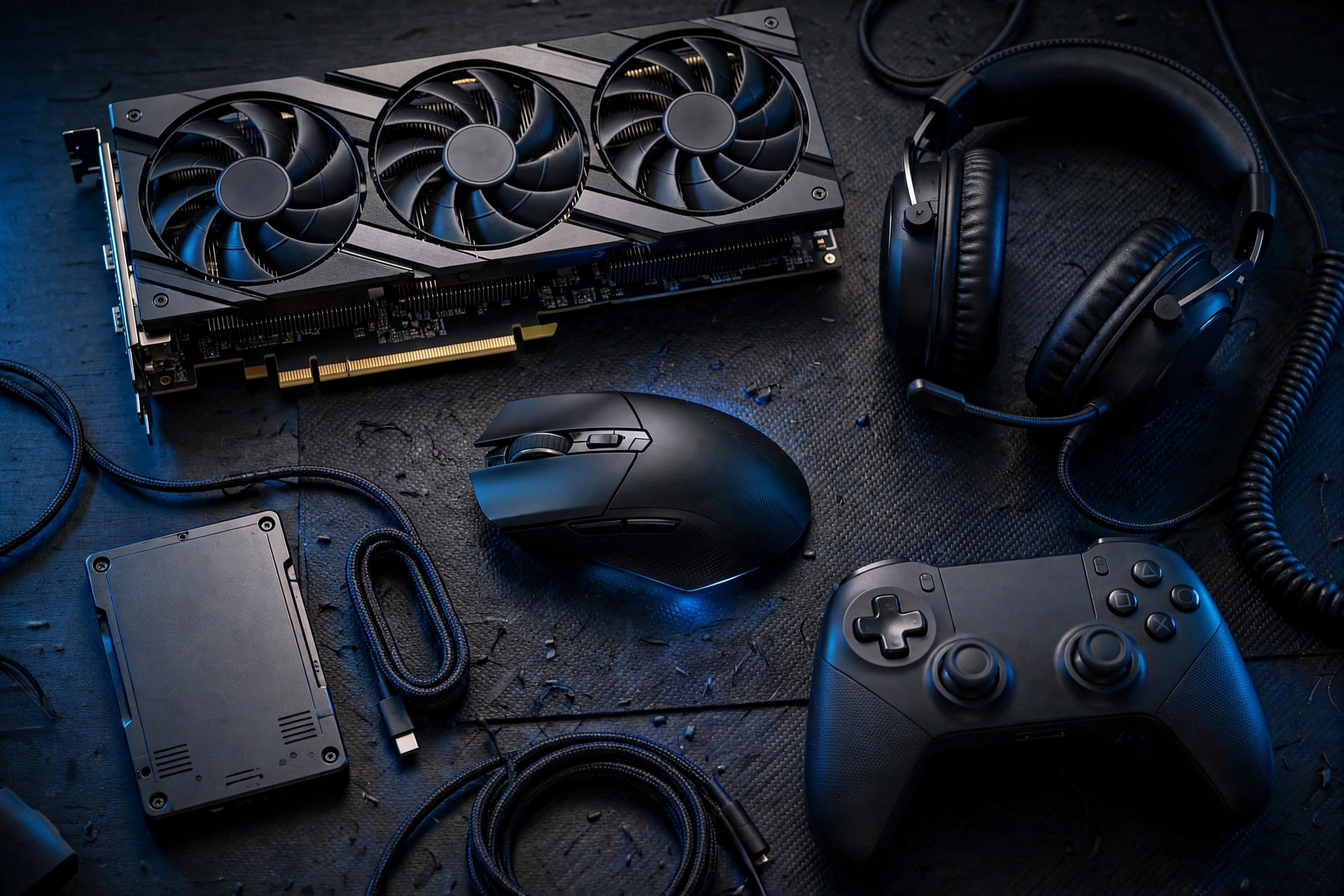 Gaming hardware and accessories flat lay — graphics card, headset, mouse and controller for gaming tech Befitnatic