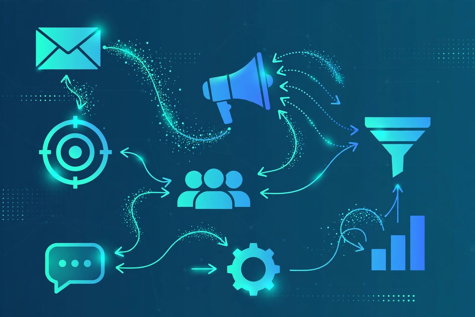 Concept illustration of automated marketing workflows connecting through glowing nodes