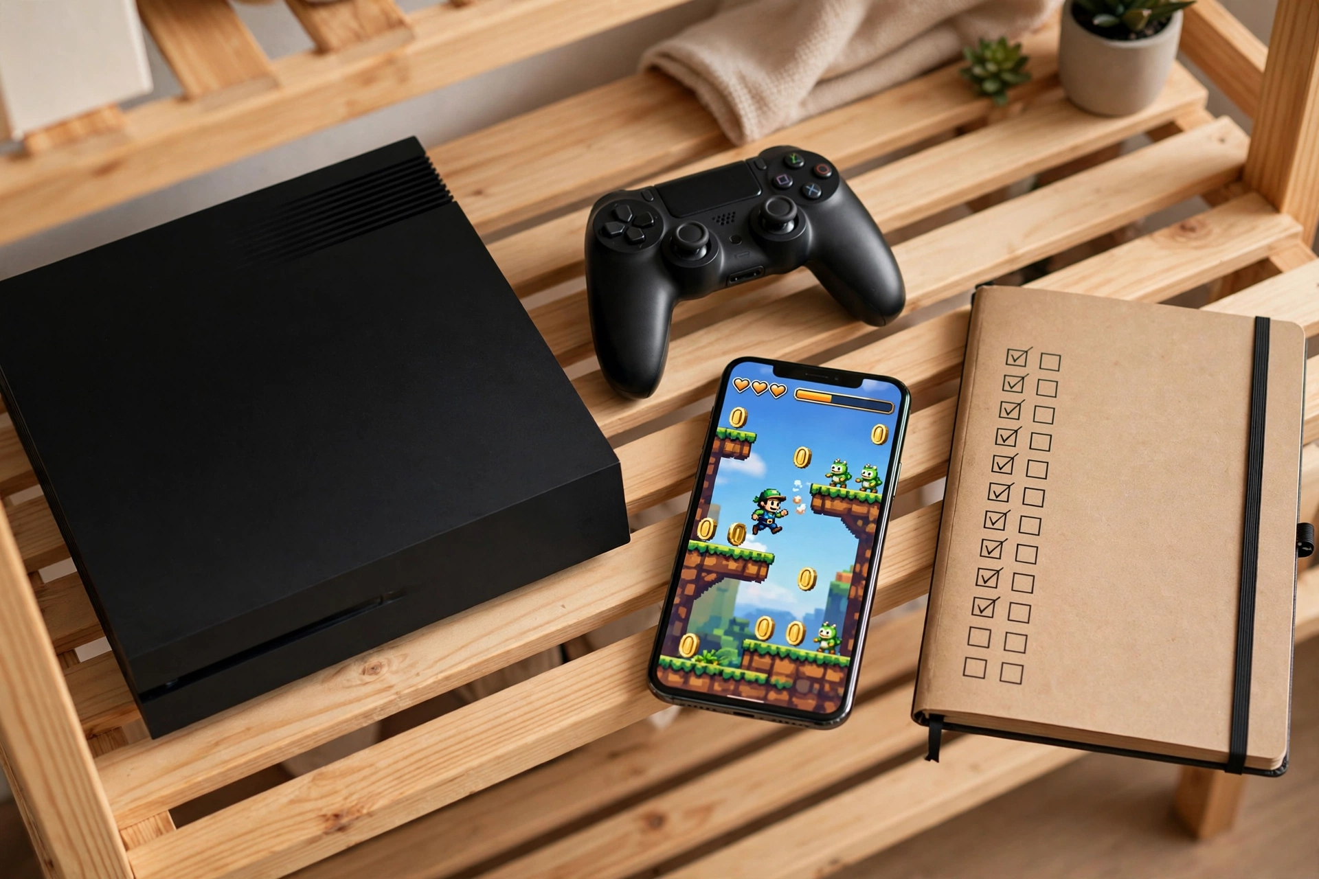 Gaming setup with console, controller and phone for emulator play
