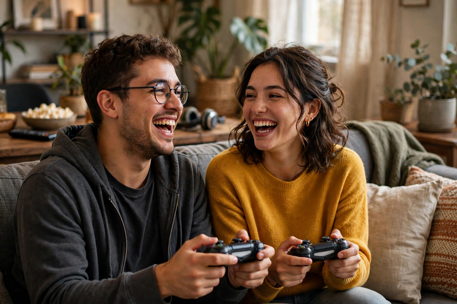 Friends playing a cooperative video game together