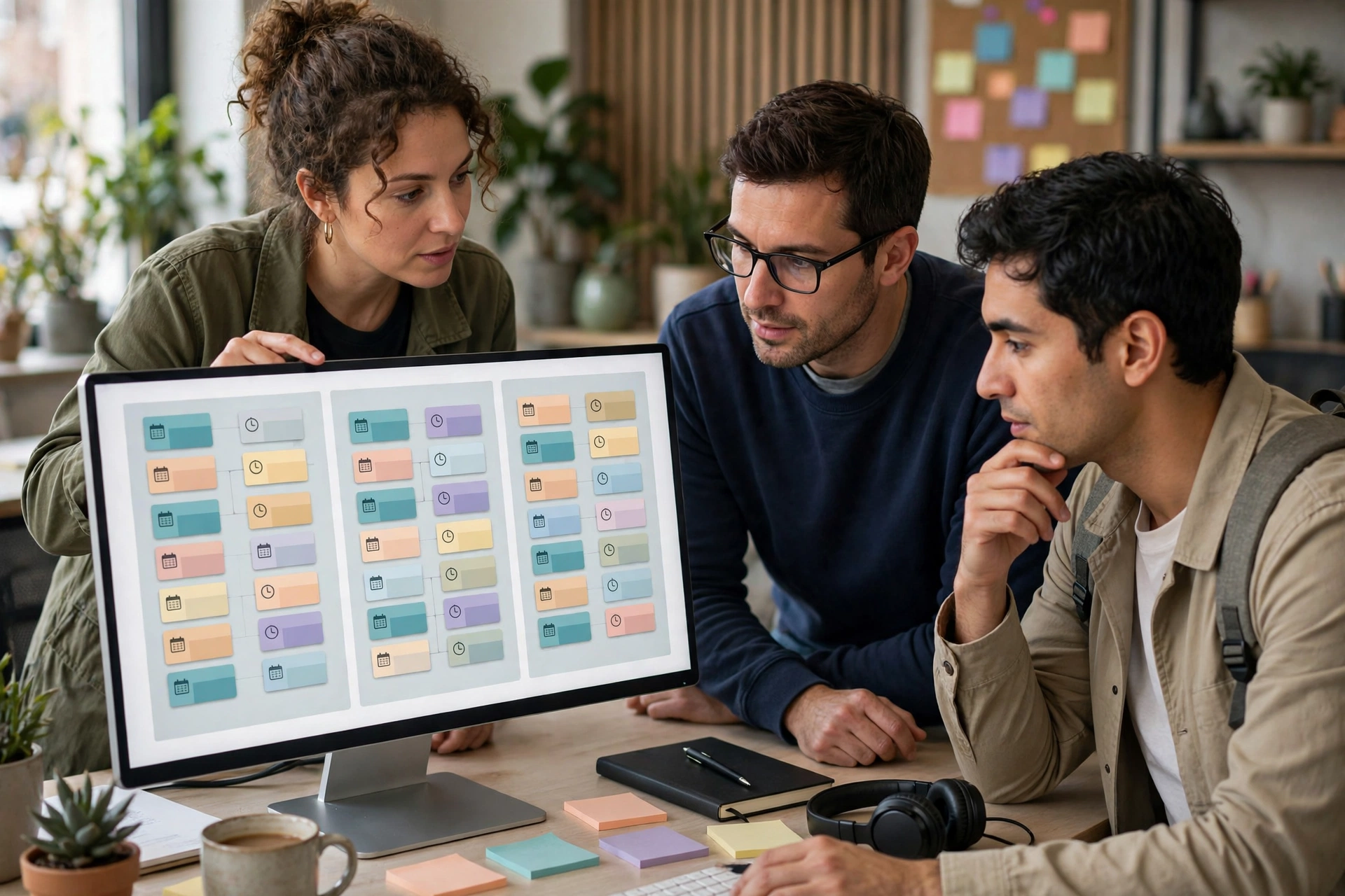 Small team collaborating around a screen showing a project workflow board